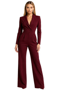 Damen-Jumpsuit mit langen Ärmeln, Reverskragen und weitem Bein in Rot