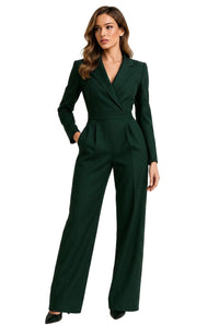Damen-Jumpsuit mit langen Ärmeln, Reverskragen und weitem Bein in Grün