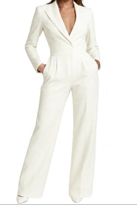 Damen-Jumpsuit mit langen Ärmeln, Reverskragen und weitem Bein in Weiß