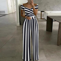 Damen Jumpsuit mit Off-Shoulder-Ausschnitt und Wickeloberteil mit weitem Bein in Weiß-Marine mit Streifen