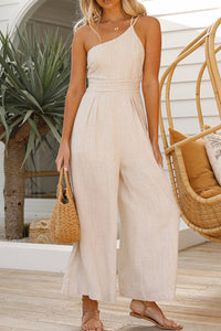Damen Jumpsuit mit One-Shoulder-Träger und weitem Bein in Beige