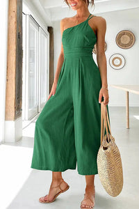 Damen Jumpsuit mit One-Shoulder-Träger und weitem Bein in Grün