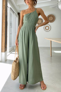 Damen Jumpsuit mit One-Shoulder-Träger und weitem Bein in Hellgrün