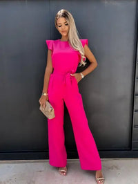 Damen Jumpsuit mit Rüschenärmeln und Bindegürtel in Rosa