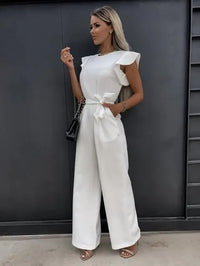 Damen Jumpsuit mit Rüschenärmeln und Bindegürtel in Weiß
