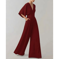 Damen-Jumpsuit mit weitem Bein und V-Ausschnitt in Burgunderrot