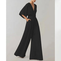 Damen-Jumpsuit mit weitem Bein und V-Ausschnitt in Schwarz