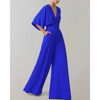 Damen-Jumpsuit mit weitem Bein und V-Ausschnitt in Blau