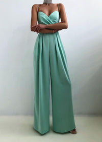 Damen Jumpsuit mit Wickeloberteil Spaghettiträgern Herzausschnitt und Weitem Hosenbein in Türkis
