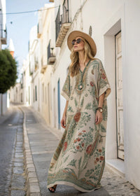 Damen Kaftan-Maxikleid mit V-Ausschnitt weiten Ärmeln Blumenmuster und Zierborte in Beige
