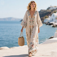 Damen Kaftan-Maxikleid mit V-Ausschnitt weiten Ärmeln Blumenmuster und Zierborte in Hellbeige