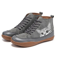 Nora | Damen Katzenmotiv Schnürsenkel Leder Ankle Boots in Grau