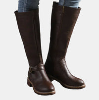 Nora | Damen Kniehohe Stiefel mit Schnalle und Reißverschluss in Dunkelbraun