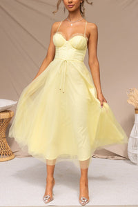 Damen Korsett-Midikleid mit Herzausschnitt und Tüllrock in Gelb