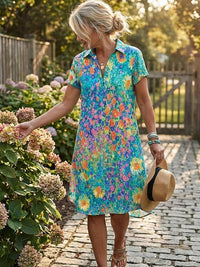 Damen Kurzarm Hemdkleid mit Polokragen und Blumenmuster in Grün mit Blumenmuster
