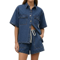 Damen Kurzarmhemd und Shorts Set mit Brusttaschen und Kordelzug in Blau