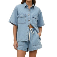 Damen Kurzarmhemd und Shorts Set mit Brusttaschen und Kordelzug in Hellblau