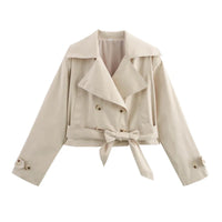 Damen Kurze Jacke mit Doppelreihiger Knopfleiste und Bindegürtel in Beige