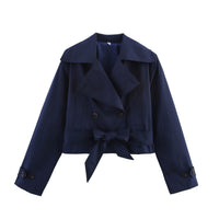 Damen Kurze Jacke mit Doppelreihiger Knopfleiste und Bindegürtel in Dunkelblau