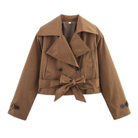 Damen Kurze Jacke mit Doppelreihiger Knopfleiste und Bindegürtel in Dunkelbraun