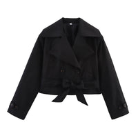 Damen Kurze Jacke mit Doppelreihiger Knopfleiste und Bindegürtel in Schwarz
