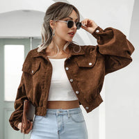 Damen Kurze Jacke mit Knopfleiste Kragen Brusttaschen und Langen Ärmeln in Braun