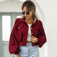 Damen Kurze Jacke mit Knopfleiste Kragen Brusttaschen und Langen Ärmeln in Burgund