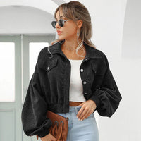 Damen Kurze Jacke mit Knopfleiste Kragen Brusttaschen und Langen Ärmeln in Schwarz