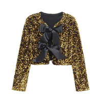 Damen Kurze Jacke mit Paillettenoberfläche und Schleifen in Gelb