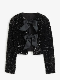 Damen Kurze Jacke mit Paillettenoberfläche und Schleifen in Schwarz