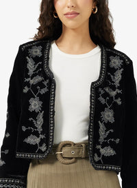 Damen Kurze Jacke mit Stickereimuster und Weiten Manschetten in Schwarz