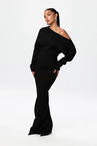 Damen Langärmliges Strick-Maxikleid mit Asymmetrischem Schulterausschnitt in Schwarz