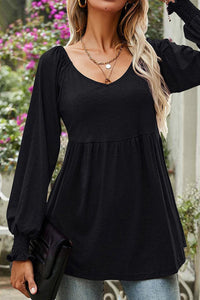 Mia | Damen Langarm Babydoll-Tunika mit V-Ausschnitt geraffter Taille in Schwarz