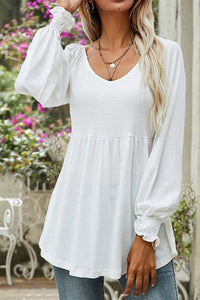 Mia | Damen Langarm Babydoll-Tunika mit V-Ausschnitt geraffter Taille in Weiß