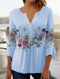 Charlotte | Damen Langarm Bluse Geblümtes Henley-Shirt Relaxed Fit in Hellblau