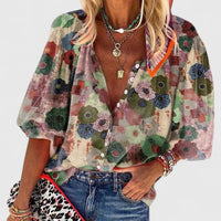 Annika | Damen Langarm-Bluse mit floralem Allover-Print und V-Ausschnitt in Grün