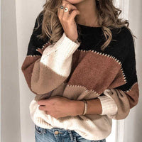 Damen Langarm Farbblock Pullover mit Rundkragen und horizontalen Streifen in Braun