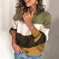 Damen Langarm Farbblock Pullover mit Rundkragen und horizontalen Streifen in Gelb