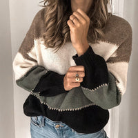 Damen Langarm Farbblock Pullover mit Rundkragen und horizontalen Streifen in Grau