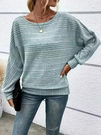 Damen Langarm Pullover mit Rundhalsausschnitt und Fledermausärmeln in horizontalen Streifen in Hellgrün