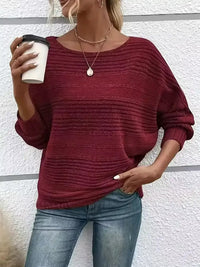 Damen Langarm Pullover mit Rundhalsausschnitt und Fledermausärmeln in horizontalen Streifen in Karmesinrot