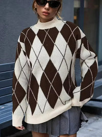 Damen Langarm Pullover mit Stehkragen und Rautenmuster in Braun