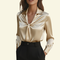 Damen Langarmbluse mit Kragen und drapiertem Frontdetail in Beige