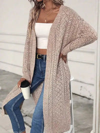 Damen Lange Offene Strickjacke mit Seitenschlitzen und Durchbrochenem Strickmuster in Khaki