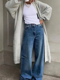 Damen Lange Strickjacke mit Offener Front und Pile Oberfläche in Hellgrau