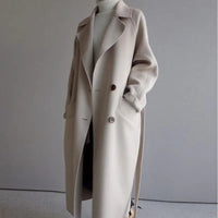 Damen Langer Mantel mit Breitem Reverskragen Zweireihiger Knopfleiste und Taillengürtel in Beige