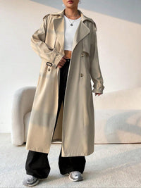 Damen Langer Trenchcoat mit Gürtel und Doppelter Knopfreihe in Khaki