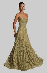 Damen Maxikleid mit Wasserfallausschnitt Spaghettiträgern Blumenmuster und Schnürung am Rücken in Olivgrün