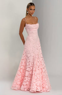 Damen Langes Kleid mit Blumenmuster Spaghettiträgern offenem Rücken und Schnürung in Rosa