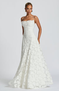 Damen Maxikleid mit Wasserfallausschnitt Spaghettiträgern Blumenmuster und Schnürung am Rücken in Weiß